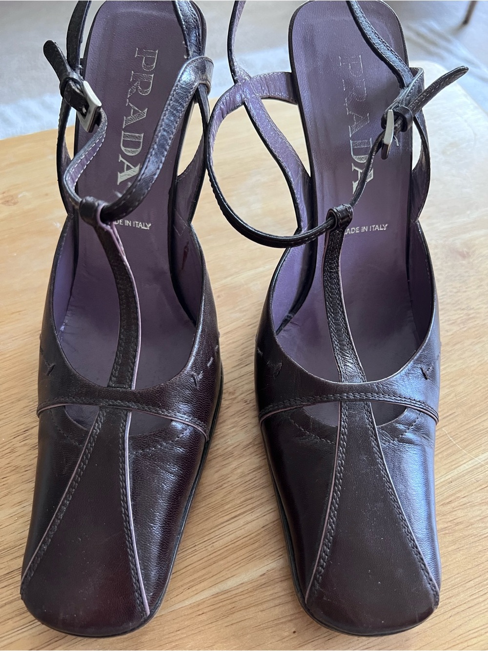 Vintage Prada Dark Plum/Eggplant Leather T-Strap Heels